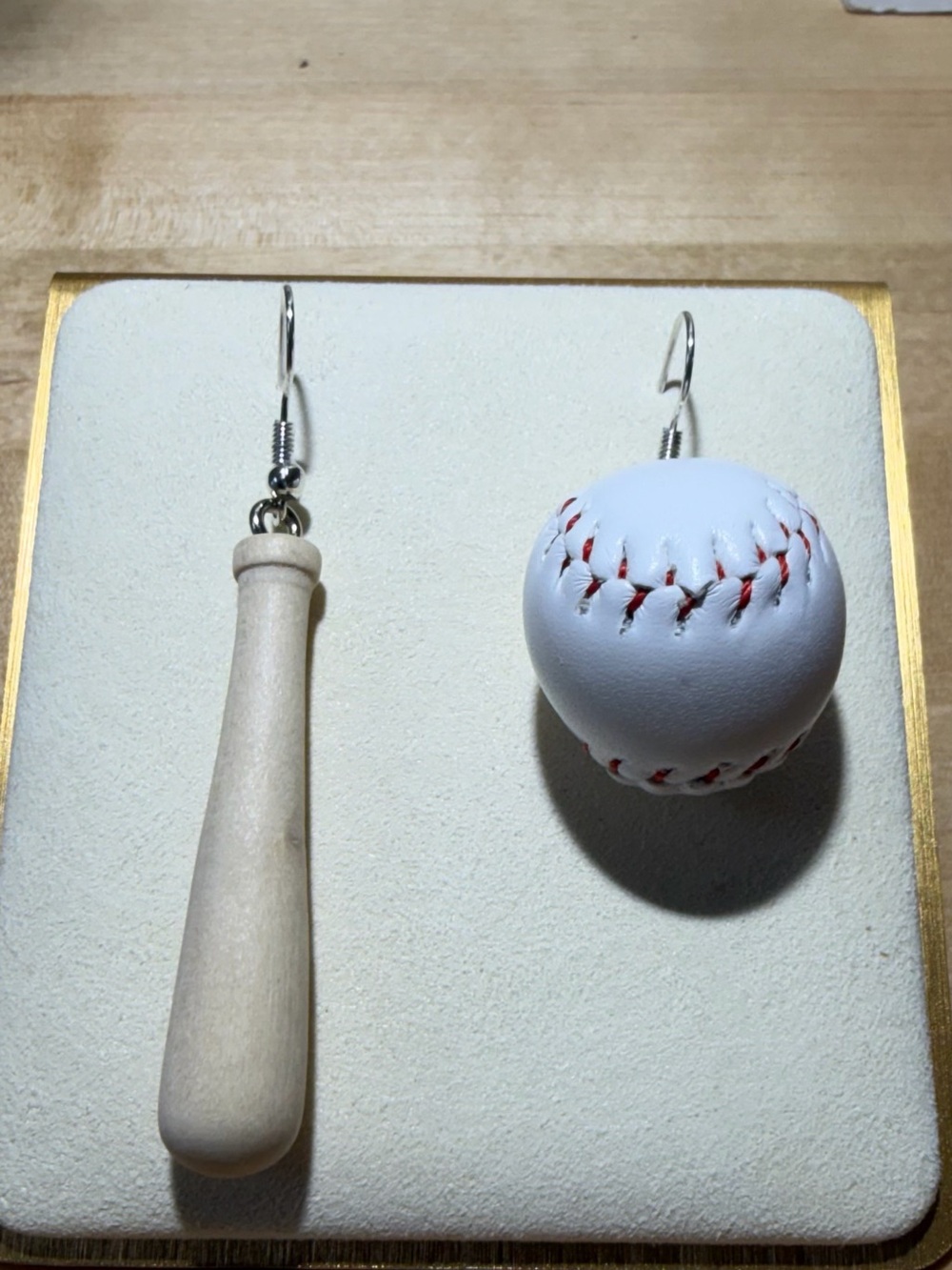 Baseball Bat and Ball Dangle Earrings - White & Natural Wood